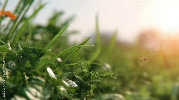 Fototapeta A micro perspective reveals a verdant tapestry of grass, capturing the essence of a revitalizing spring, bathed in the sunlight.