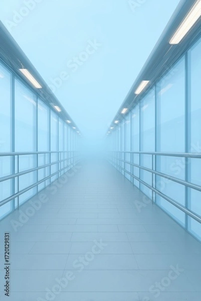 Fototapeta A futuristic, symmetrical walkway extends into a hazy, soft blue atmosphere, conveying a sense of minimalist design.