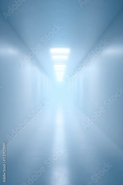 Fototapeta A pristine, futuristic corridor with minimalist design, leads toward a bright light, creating a sense of anticipation and forward motion.