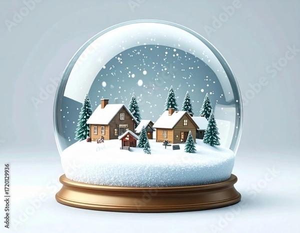 Fototapeta Snow globe with winter village scene, featuring cozy houses and snow covered trees, evokes serene holiday atmosphere