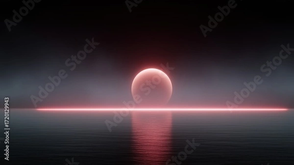 Fototapeta A celestial sphere of crimson rests serenely upon a reflective plane, evoking a sense of wonder and mystery. The soft luminescence casts ethereal reflections, amplifying the ambient mystery. 