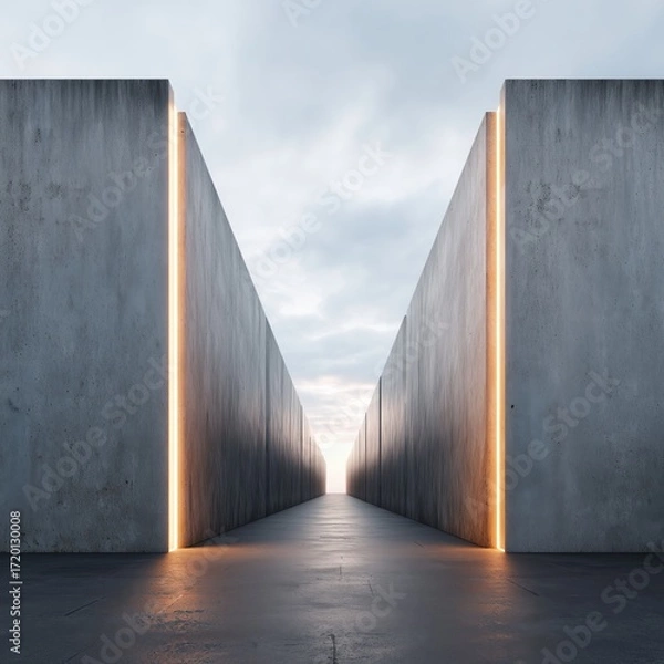 Fototapeta A mesmerizing perspective of architectural artistry unfolds, showcasing stark concrete walls framing a radiant illumination, directing the eye to a distant horizon under a vast, cloudy sky. 