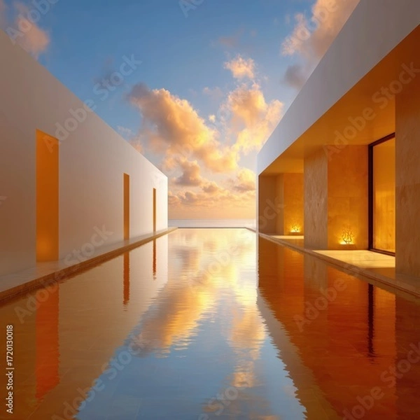 Fototapeta Modern minimalist architecture frames a serene waterscape, the building's clean lines contrasting with the vibrant sky, and golden sunset hues reflected in the still water creating atmosphere.