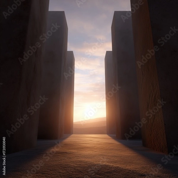 Fototapeta A captivating architectural perspective, featuring geometric shapes in a sun-drenched ambiance, creates an intriguing sense of depth and serenity.