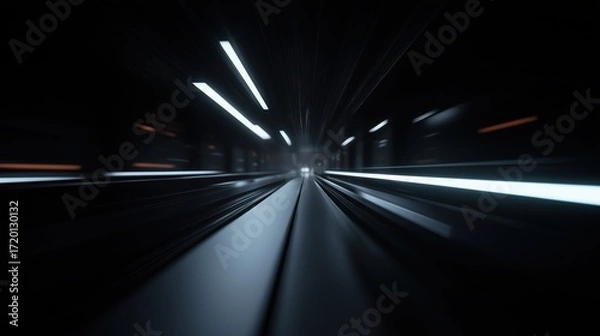 Fototapeta A long exposure shot of a tunnel interior, emphasizing speed and motion. The lights create streaks, drawing the viewer into a sense of rapid movement. 