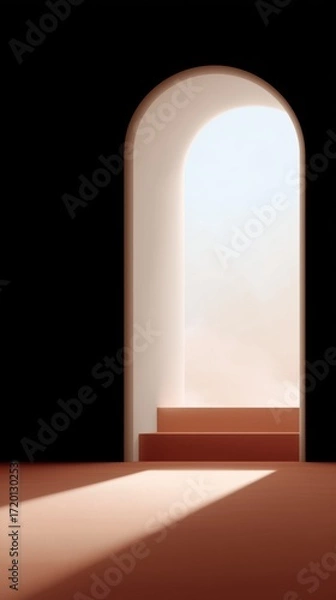Fototapeta An arched doorway invites the viewer into a world of possibilities, with light illuminating the path of three steps, suggesting growth and aspiration.