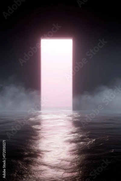 Fototapeta A mysterious portal of light emerges through mist-shrouded waters, evoking an ethereal feeling of exploration.