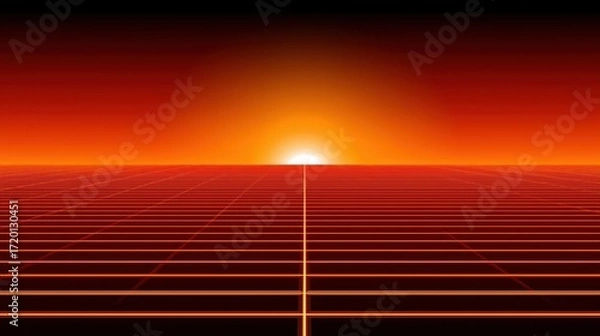 Fototapeta A striking minimalist landscape showcases a vivid gradient sunset over a meticulously gridded plane. The stark geometric lines amplify a sense of the infinite. 