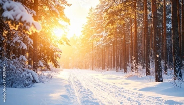 Fototapeta Snowy pine forest glows warmly at golden hour, creating serene and magical atmosphere