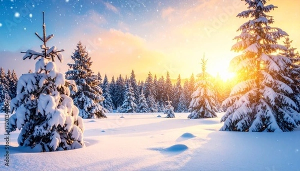 Fototapeta Serene snowy winter landscape with pine trees bathed in warm sunset light, creating tranquil and magical atmosphere