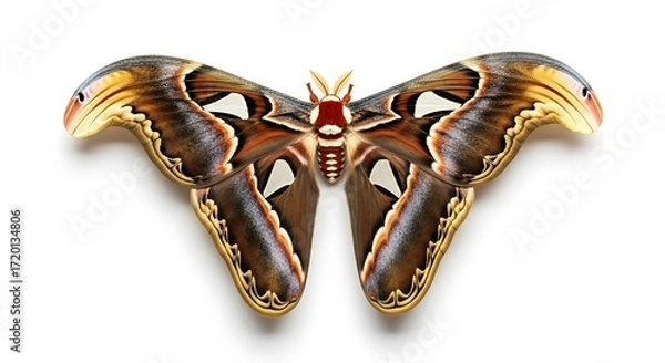 Fototapeta Atlas Moth with Intricate Wing Patterns on White Background