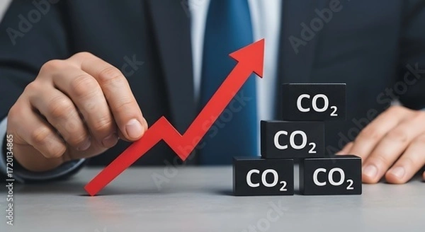Fototapeta Businessman Holding Red Arrow Upward Next to CO2 Blocks