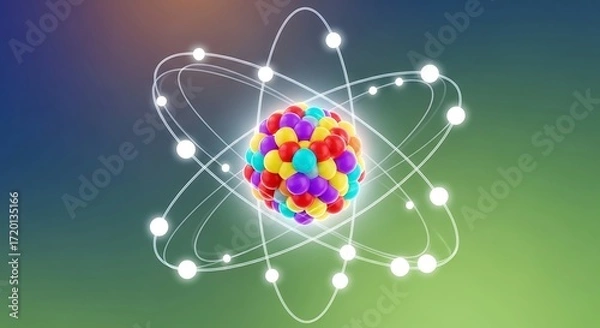Fototapeta Colorful Atom Model with Orbiting Electrons on Gradient Background