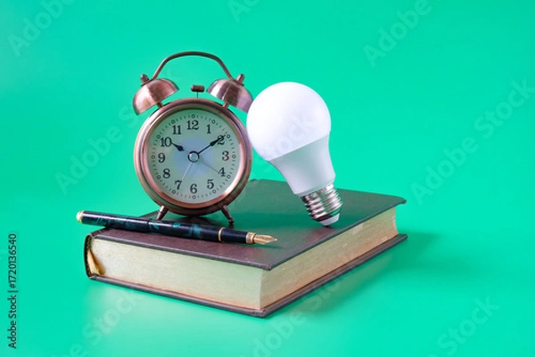 Fototapeta Alarm clock ,Light bulb with Fountain pen on old book background.Education concept.