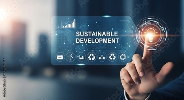 Fototapeta Hand Touching Sustainable Development Digital Interface with Icons