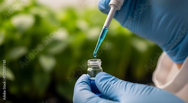 Fototapeta Scientist in blue gloves adds blue liquid to a small vial with plants in background