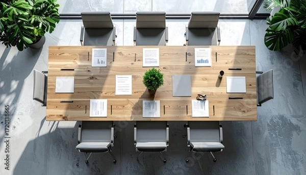Fototapeta Modern conference room with wooden table, chairs, and documents, viewed from above, creating professional atmosphere