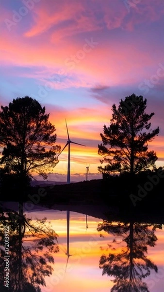 Fototapeta Silhouetted trees, windmill, sunset reflected in calm water