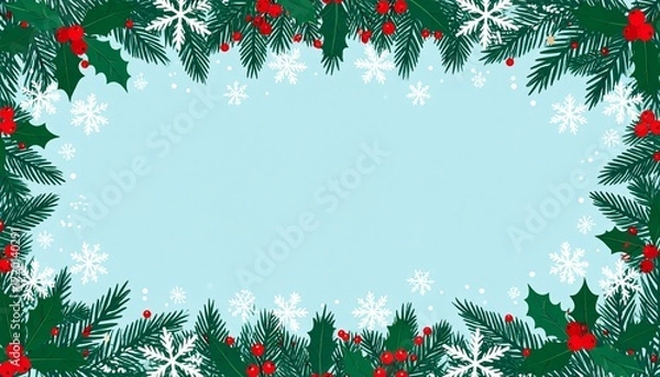 Fototapeta Festive Christmas border with holly, pine branches, and snowflakes on light blue background