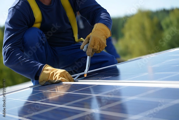 Fototapeta Worker in blue overalls and yellow gloves installing solar panels on a rooftop