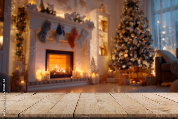 Fototapeta Empty table in front of christmas tree with decorations background. For product display montage