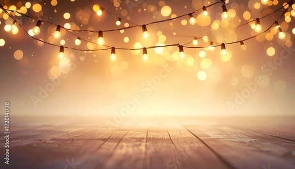 Fototapeta Warm string lights create cozy bokeh effect over wooden floor, evoking festive atmosphere
