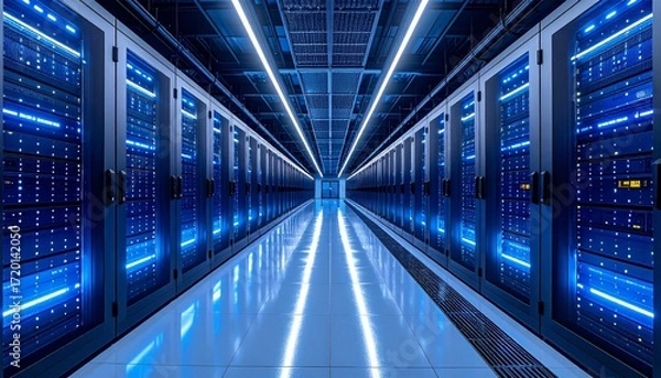 Obraz Modern data center corridor with glowing blue server racks and reflective flooring