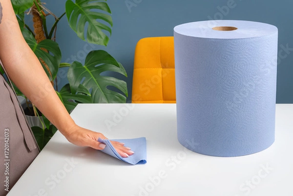 Fototapeta A person's hand is using a blue paper towel to wipe a clean, white table surface, with a large roll of paper towels, an orange chair, and a plant in the background.