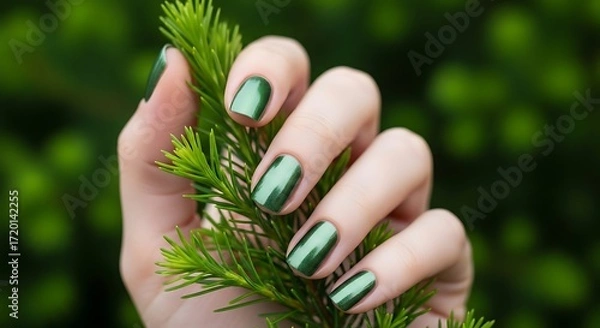 Fototapeta Woman s hand with green nail polish holding a pine branch