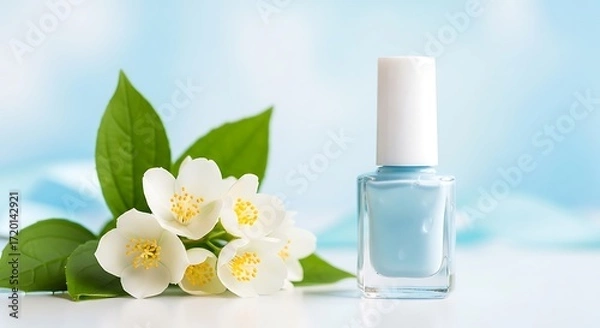 Fototapeta Light blue nail polish bottle with jasmine flowers and green leaves