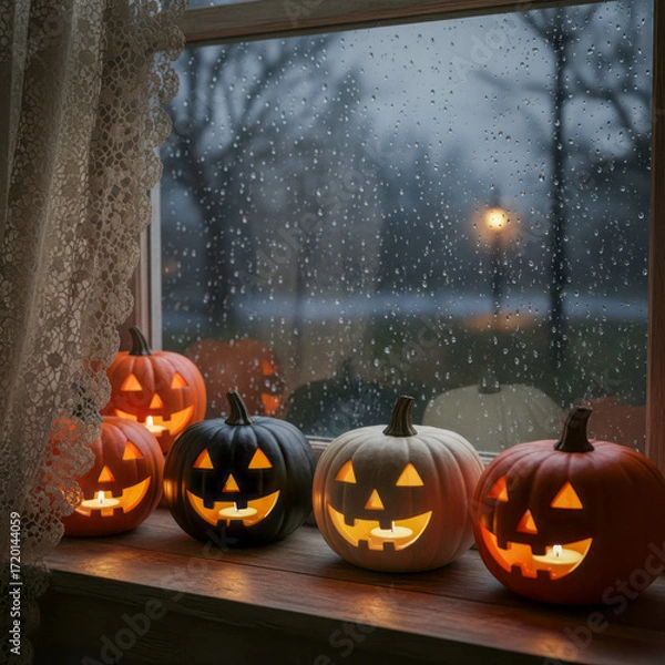 Fototapeta Jack-o'-lanterns on Window Sill in Rainy Evening.