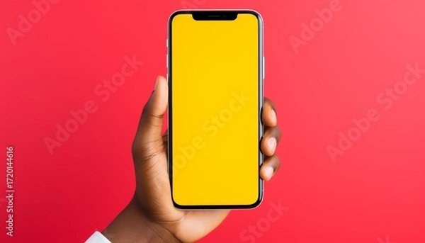 Fototapeta Hand holding smartphone with yellow screen against vibrant red background creating striking visual impact