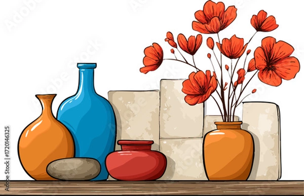 Fototapeta a colorful arrangement of vases and flowers on a shelf