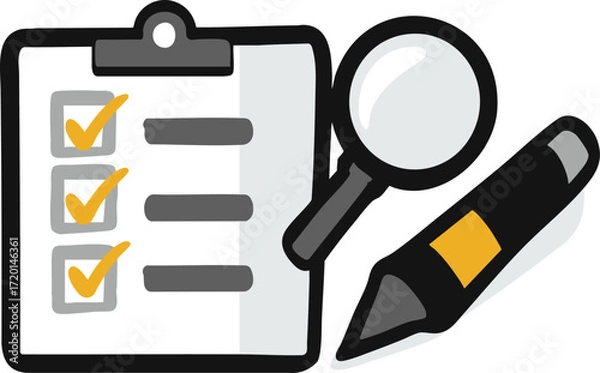 Fototapeta a flat image depicting a clipboard with arrows and icons accompanied by a magnifying glass and an electronic device