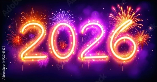 Fototapeta Bright neon numbers display year 2026. Fireworks burst around digits, creating festive, celebratory mood. Vivid colors dominate dark background.