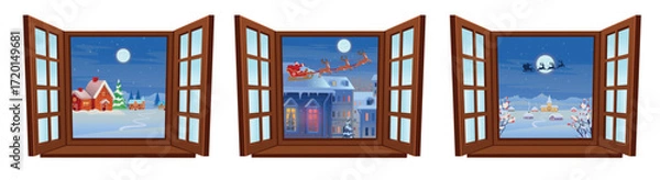 Fototapeta Set of wooden vector windows. Christmas window. Christmas Open Window Set.  Christmas tree, Christmas Village. Set of decorations vector.