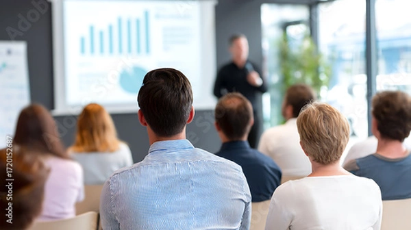 Fototapeta Rear view of group of business people listening to presentation in conference hall. Corporate training, seminar or meeting concept.