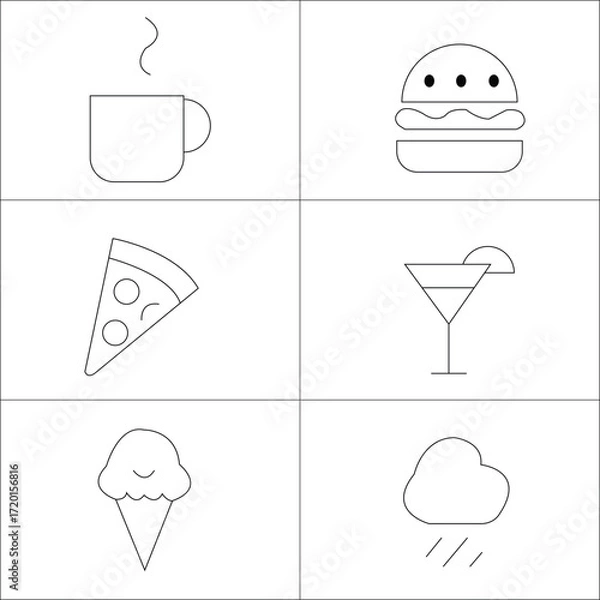 Fototapeta Food and drink icons set with coffee cup pizza cake and restaurant symbols in flat vector design