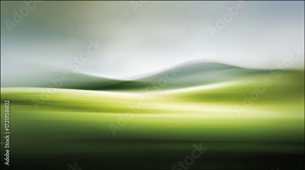 Fototapeta An abstract landscape painting of rolling green hills with soft, ethereal tones and a dreamy atmosphere, evoking tranquility.