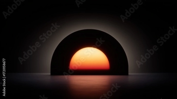 Fototapeta Abstract geometric artwork showing a stylized sun in a semicircular frame against a dark background, creating a bold and striking composition.