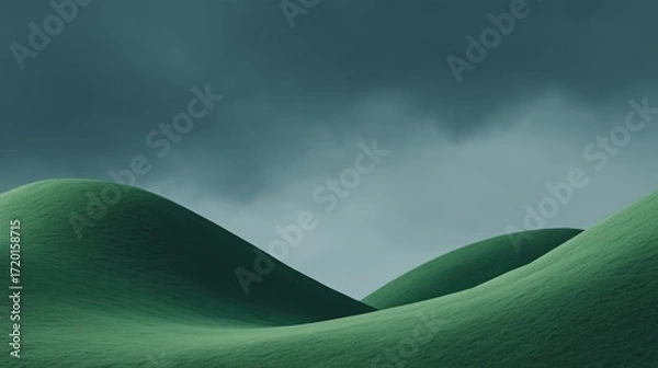 Fototapeta Rolling green hills stretch towards a brooding, overcast sky, conveying a sense of calm and natural beauty. The landscape suggests quiet contemplation and the raw power of nature.