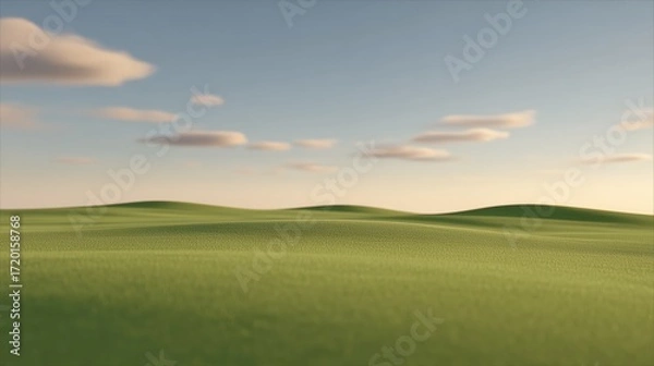 Fototapeta A serene and endless meadow, under a bright, cloud-dappled sky, invites the viewer to a world of boundless serenity.