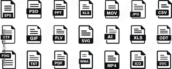 Fototapeta Collection of common file format icons for various document types and media