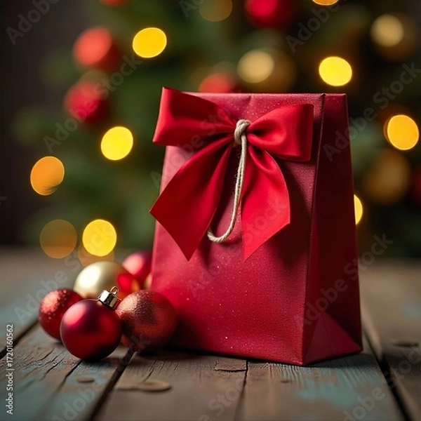 Fototapeta Close-up of red luxury Christmas gift bag with golden ornaments on wooden table with festive bokeh lights