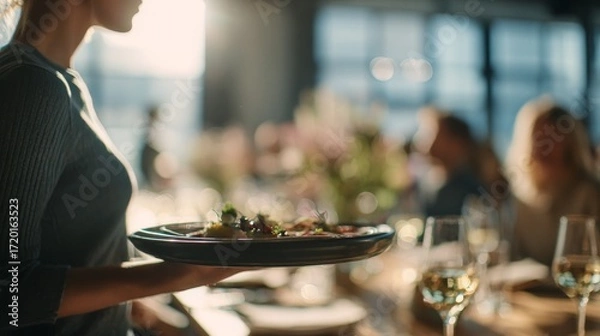 Fototapeta Indulge in a sophisticated dining adventure where a courteous waitress delivers gourmet fare at a stylish restaurant, creating a perfect blend of fine food, impeccable service, and an inviting