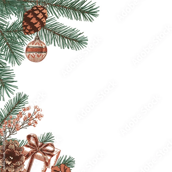 Fototapeta Christmas tree branch with ornaments and gifts isolated on transparent background