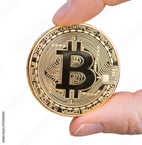 Fototapeta Bitcoin in female hand, closeup object. Isolated on transparent background