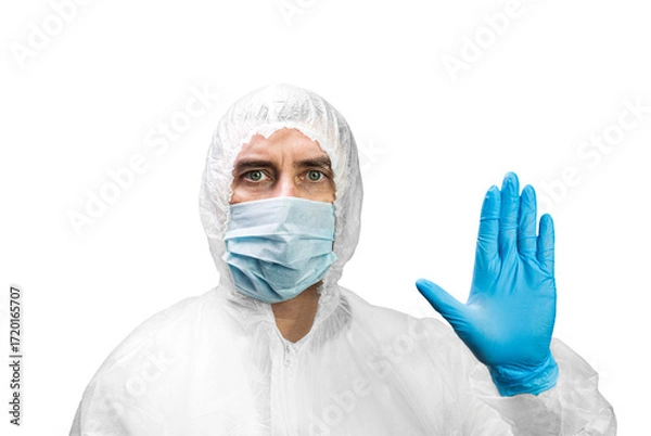 Fototapeta Man in protective suit and medical mask, closeup. Isolated on transparent background