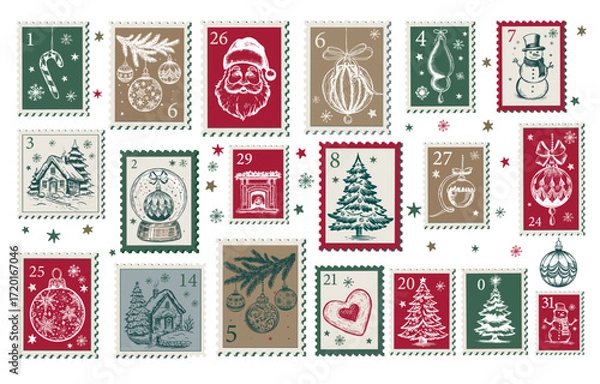 Fototapeta Christmas Stamps, mail, Advent calendar, postcard hand drawn illustrations.