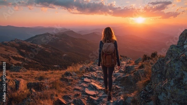 Fototapeta A person hikes along a rocky trail in the mountains as the sun sets on the horizon, casting a warm glow over the vast landscape. The natural beauty captivates the scene.